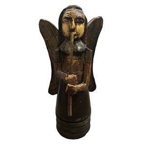 Hand Carved Wooden Folk Art Herald Angel Figure Flute Made In India Primitive